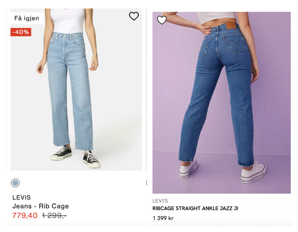 Example of how junkyard.no (first image) is pricing the same pair of jeans as nelly.no